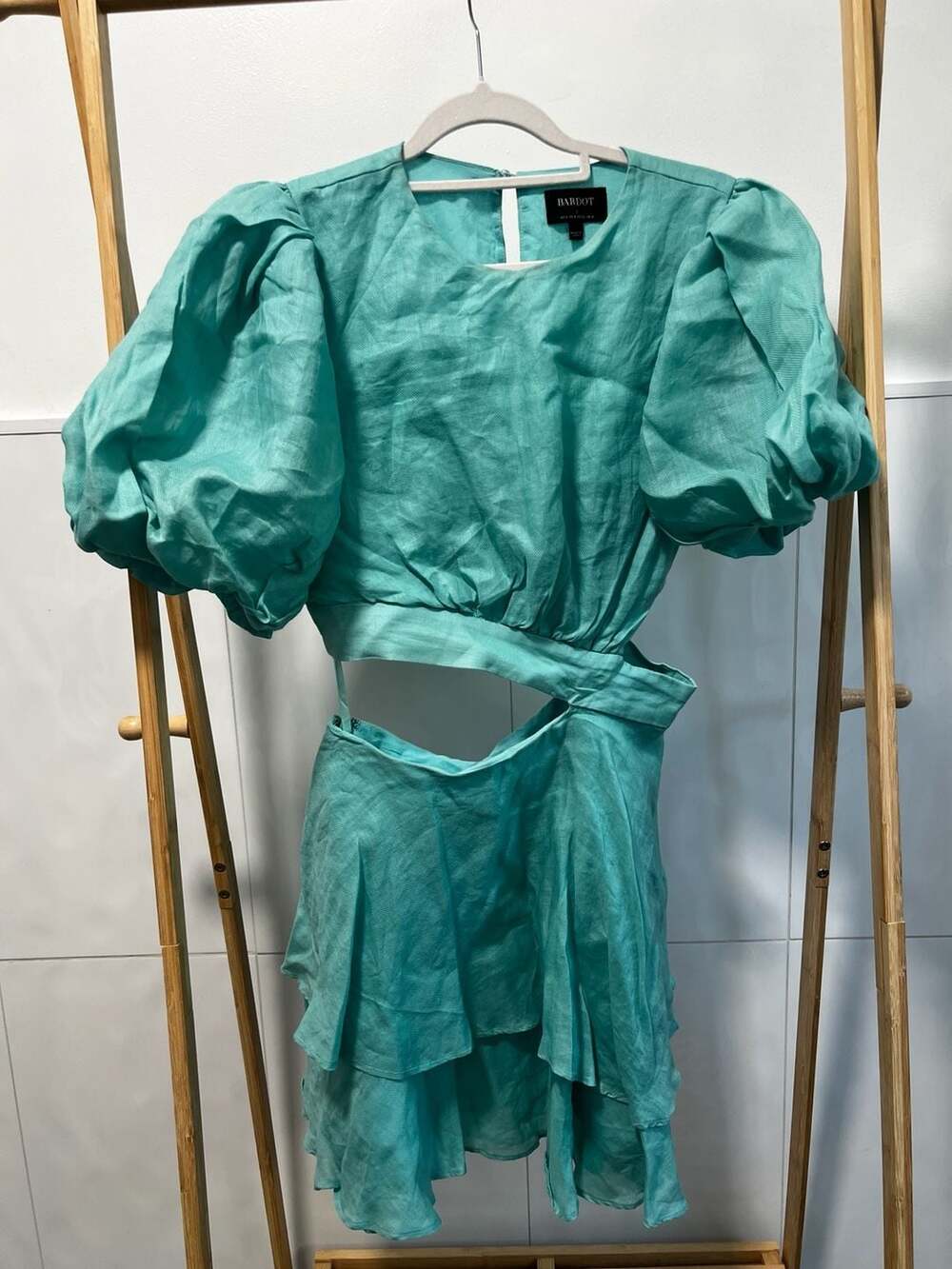 Bardot Cutout Mini Dress Size AU 8 Aqua Green Ramie